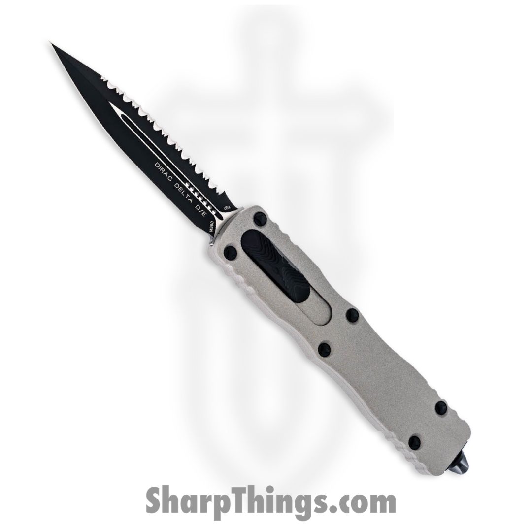 b0d0acb3-9a77-4f5e-92ff-4d2fcb13c3dd_227-3TG_1.jpg Microtech - 227-3TG - Dirac Delta - OTF Auto - Coated Double Edge Dagger Serrated - 6061-T6 Aluminum - Gray - Image 1