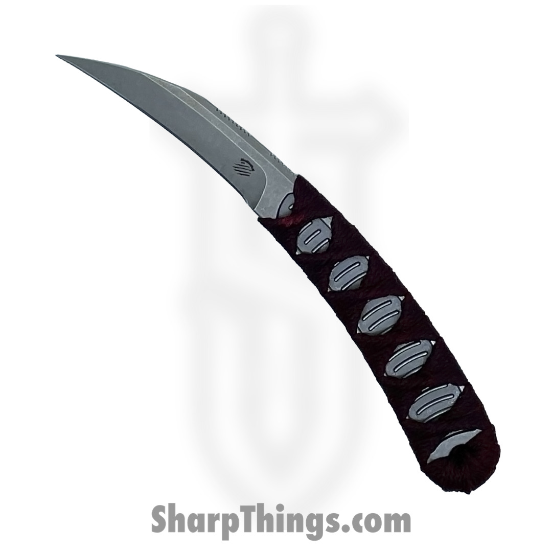 b3916885-6a65-44ce-8bb8-04e76da1c877_OlFeathSWRd_1.jpg Bastinelli Creations - OlFeathSWRd - Old Feather - Fixed Blade Knife - D2 Stonewash Hawksbill - Nylon Tsuka Wrap - Red - Image 1
