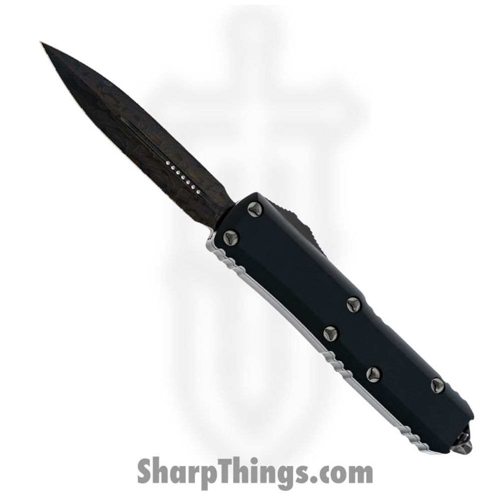 b40419cc-8a64-4282-bdea-b7589cde925b_232-16DLCTSH_1.jpg Microtech - 232-16DLCTSH - UTX-85 - OTF Auto - DLC Damascus Double Edge Dagger - 6061 T6 Aluminum - Black - Image 1