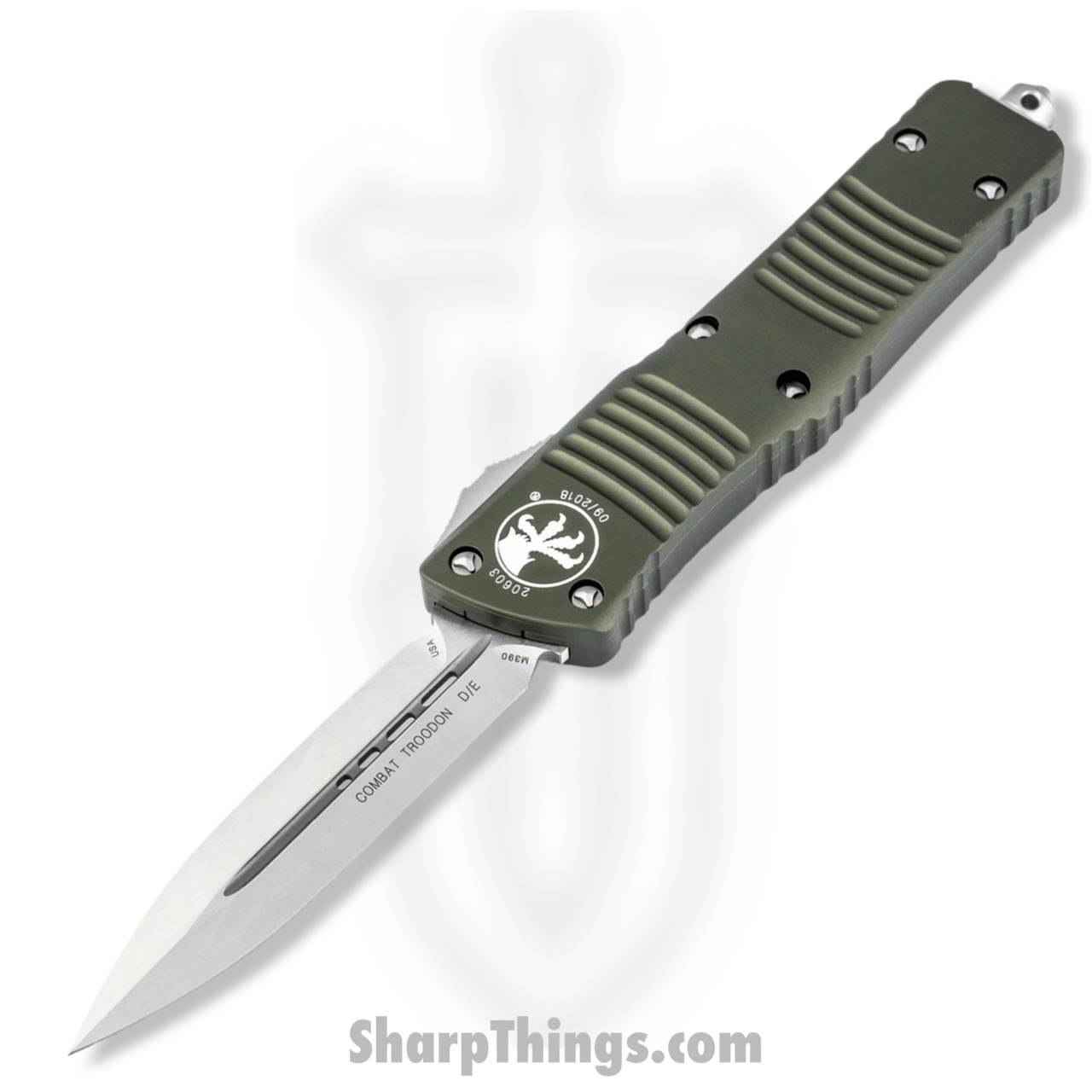 b5620b88-9a54-4bfb-a91f-cd00068433a0_142-4OD_1.jpg Microtech - 142-4OD - Combat Troodon - OTF Auto - Elmax, M390, 204P Satin Dagger - 6061-T6 Aluminum - OD Green - Image 1