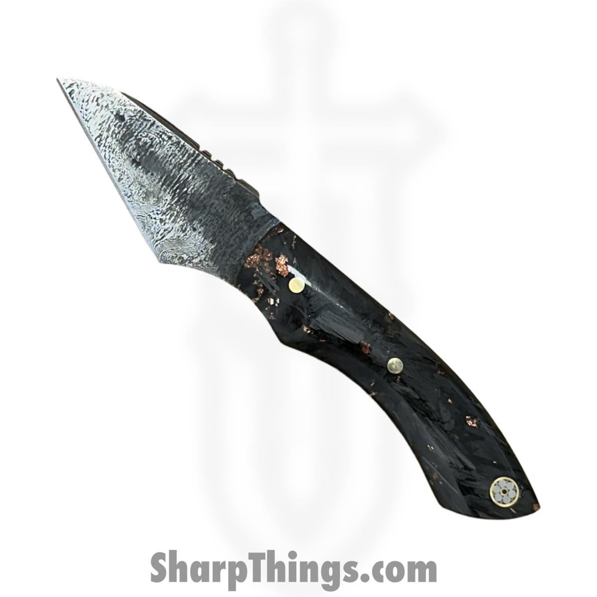 b60a51eb-e07d-433f-a175-27b653ce993c_RRC-NYX-01_1.jpg Royalty Rings Co. - RRC-NYX-01 - NYX - Fixed Blade Knife - Baker Forge Damascus Damascus Kiridashi - Carbon Fiber - Black/Copper - Image 1