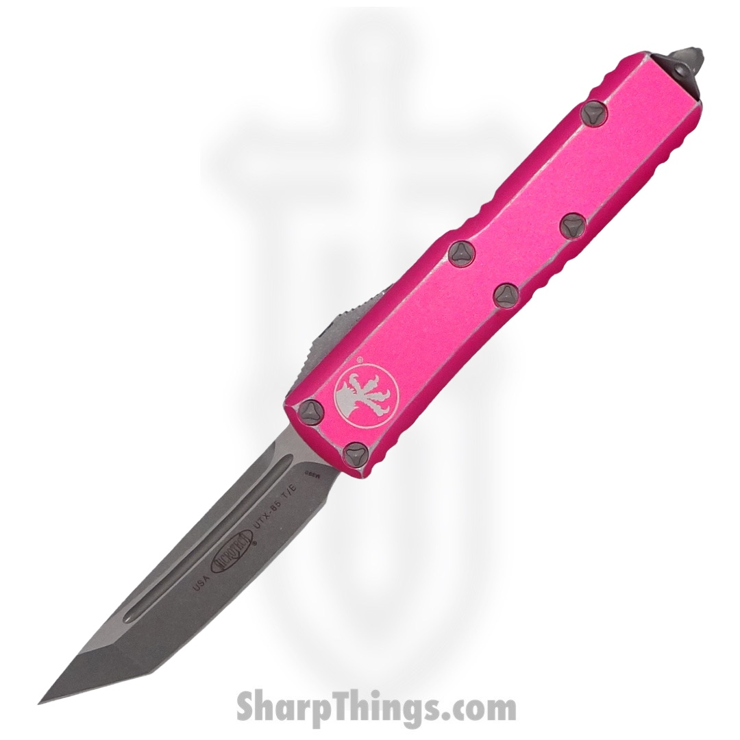 b715e061-e58c-4679-b8f9-22d5b3b5fcaf_233-10DPK_1.jpg Microtech - 233-10DPK - UTX-85 - OTF Auto - Elmax, M390, 204P Apocalyptic Tanto - 6061-T6 Aluminum - Distressed Pink - Image 1