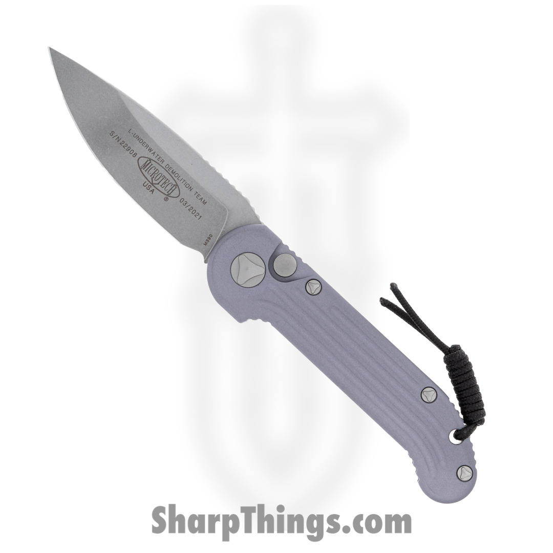 b8489f53-f84d-4a02-8e28-51e7507cebef_135-10GY_1.jpg Microtech - 135-10GY - L.U.D.T. - Automatic Knife - Elmax, M390, 204P Stonewash Drop Point - 6061-T6 Aluminum - Gray - Image 1