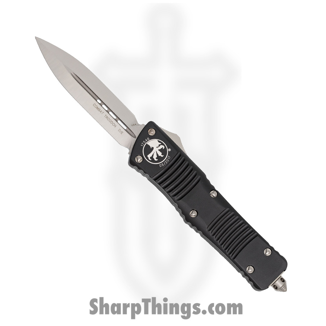 b87c3349-135b-478a-9705-08de817fed18_142-4_1.jpg Microtech - 142-4 - Combat Troodon - OTF Auto - Elmax, M390, 204P Satin Dagger - 6061-T6 Aluminum - Black - Image 1