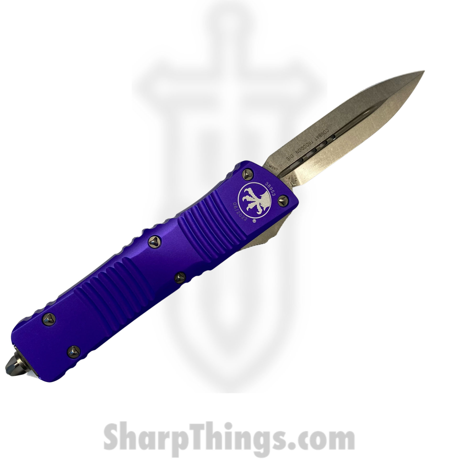 b976a6e4-43a1-4212-8b29-0f740621a640_142-10PU_1.jpg Microtech - 142-10PU - Combat Troodon - OTF Auto - Elmax, M390, 204P Stonewash Dagger - 6061-T6 Aluminum - Purple - Image 1