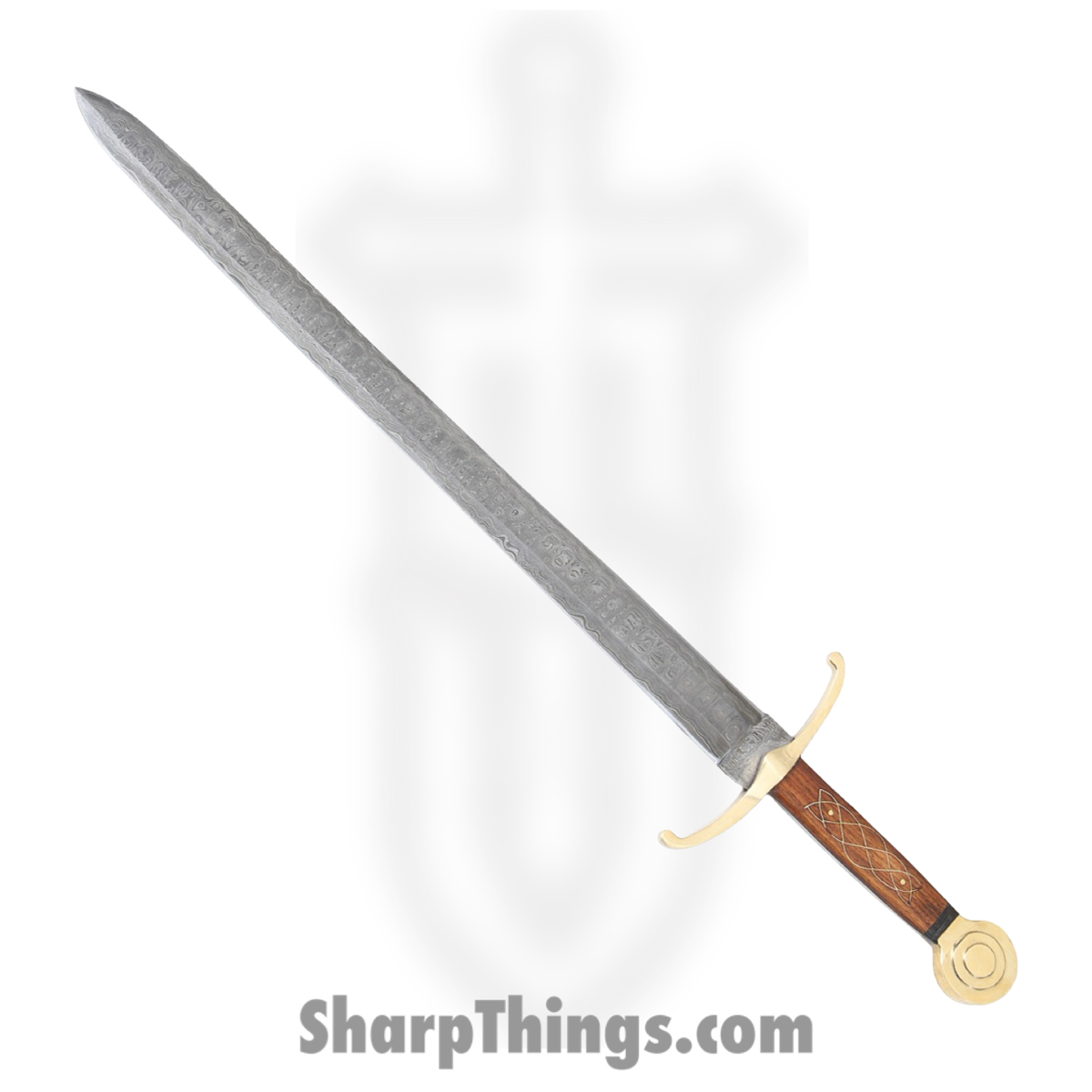 b9ca8509-1044-4462-bbe8-42f8906df543_DM5018_1.jpg Damascus - DM5018 - 32 inch Double Edge Sword - Fixed Blade Knife - Damascus Dagger - Wood Brass Inlay - Brown Brass - Image 1