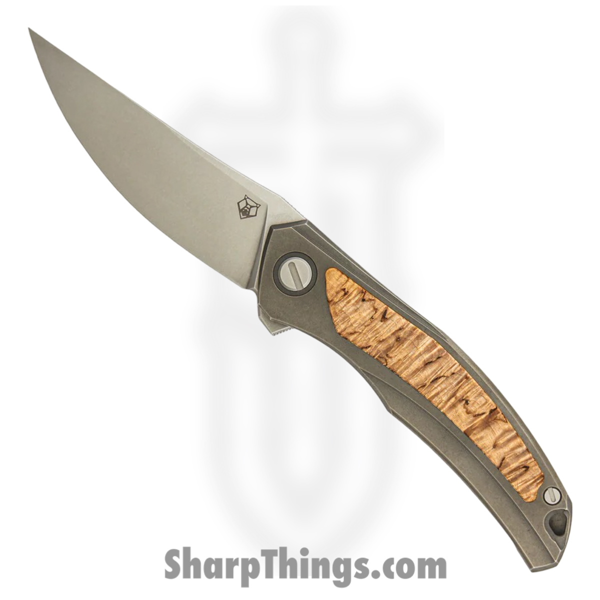 ba7d0f9a-2e4a-4318-875c-426ca18952a1_SHI-URS-QNL-CB_1.jpg Shirogorov Knives - SHI-URS-QNL-CB - Ursus Quantum - Folding Knife - Cromax PM Stonewash Upswept - Titanium Curly Birch Inlay - Grey Brown - Image 1