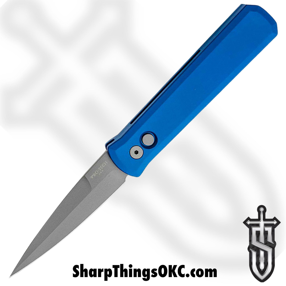 bae43d26-7cd6-4f5c-8604-4a596a76735d_920-Blue_1.jpg ProTech - 920-Blue - Godfather - Automatic Knife - 154CM Bead Blasted Spear Point - 6061-T6 Aluminum - Blue - Image 1