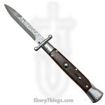 Steel River Knives - SBSGPMDSW - Premium 9in Stiletto - Swinguard Lockback Auto - 440 Damascus Clip Point - Snakewood