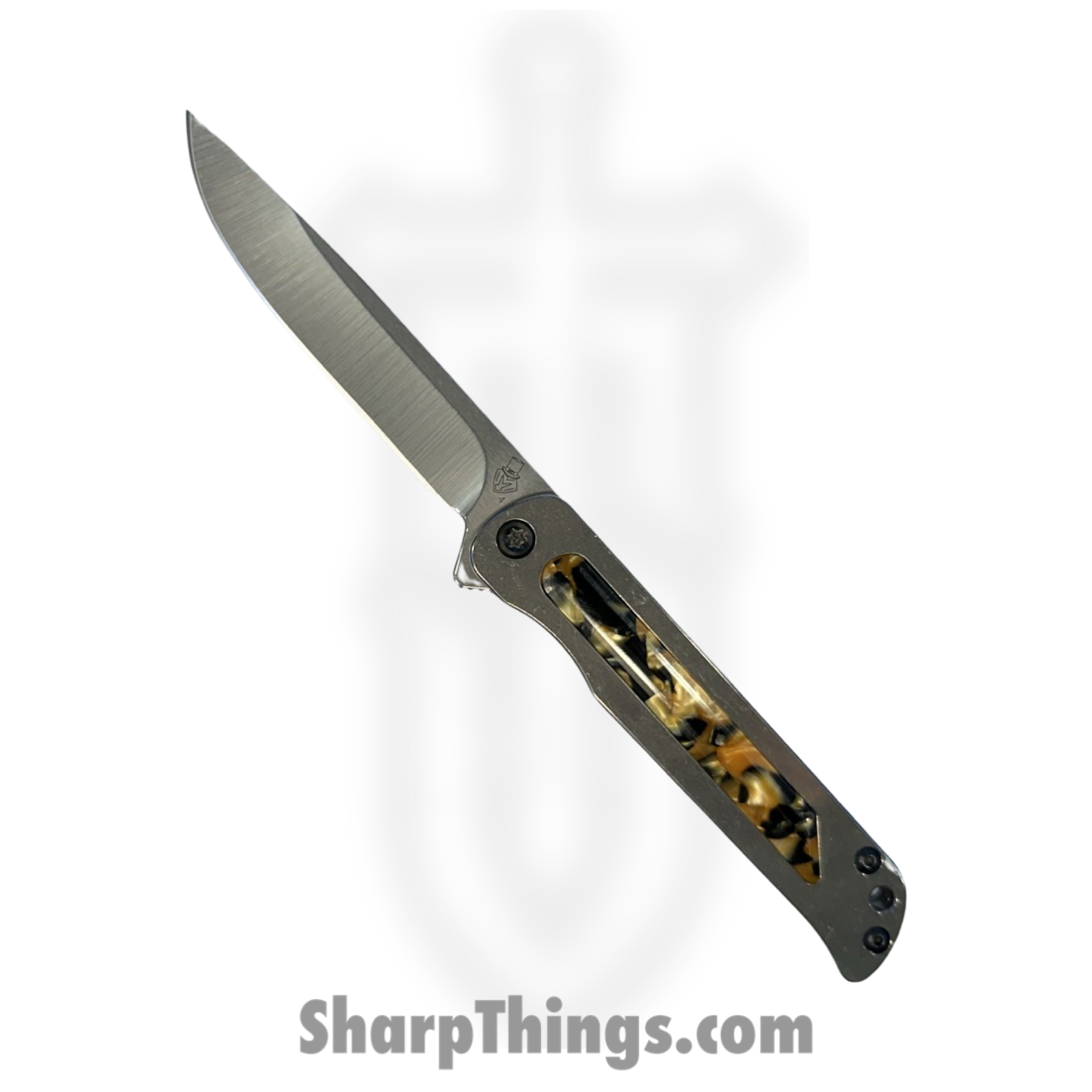 bdf8fb69-8848-4447-bad7-1bc037471df5_030724K_1.png Medford Knife and Tool - 030724K - T-Bone - Folding Knife - S45VN Tumbled Drop Point - Titanium Tortoise Shell Inlay - Gray - Image 1