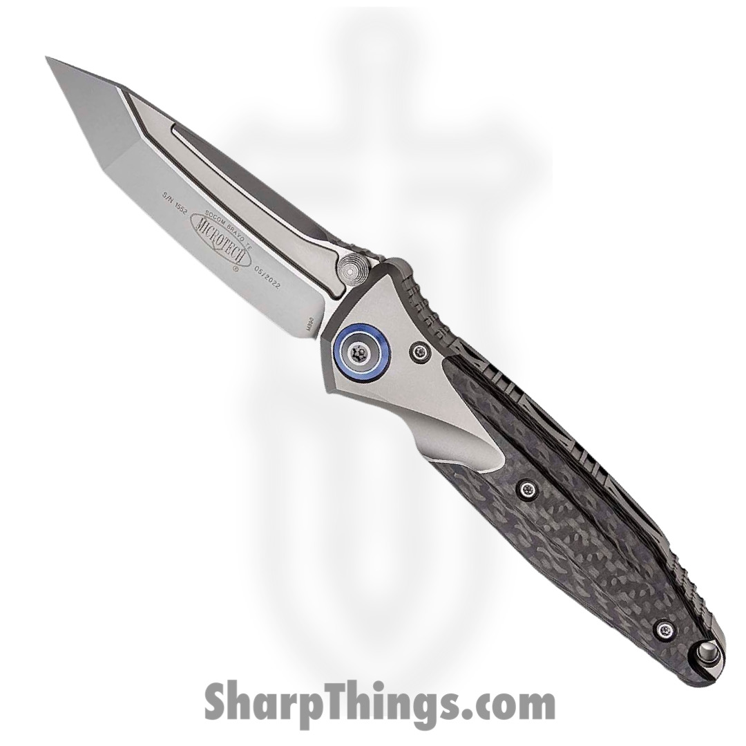 be757ff3-f40a-4950-a04f-e2cdf08a4d50_261-7CFTI_1.jpg Microtech - 261-7CFTI - Socom Bravo - Folding Knife - M390 Blasted Tanto - Titanium/CF Scales - Black/Gray - Image 1