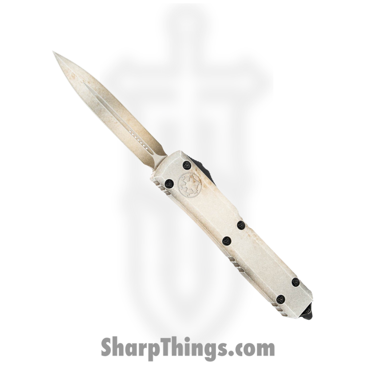 bf230326-df48-4366-b148-555e5db594f3_122-1SAD_1.jpg Microtech - 122-1SAD - Ultratech D/E Sand Trooper Deep Engraved - OTF Auto - M390 Coated Dagger - 6061-T6 Aluminum - Gray White Tan - Image 1