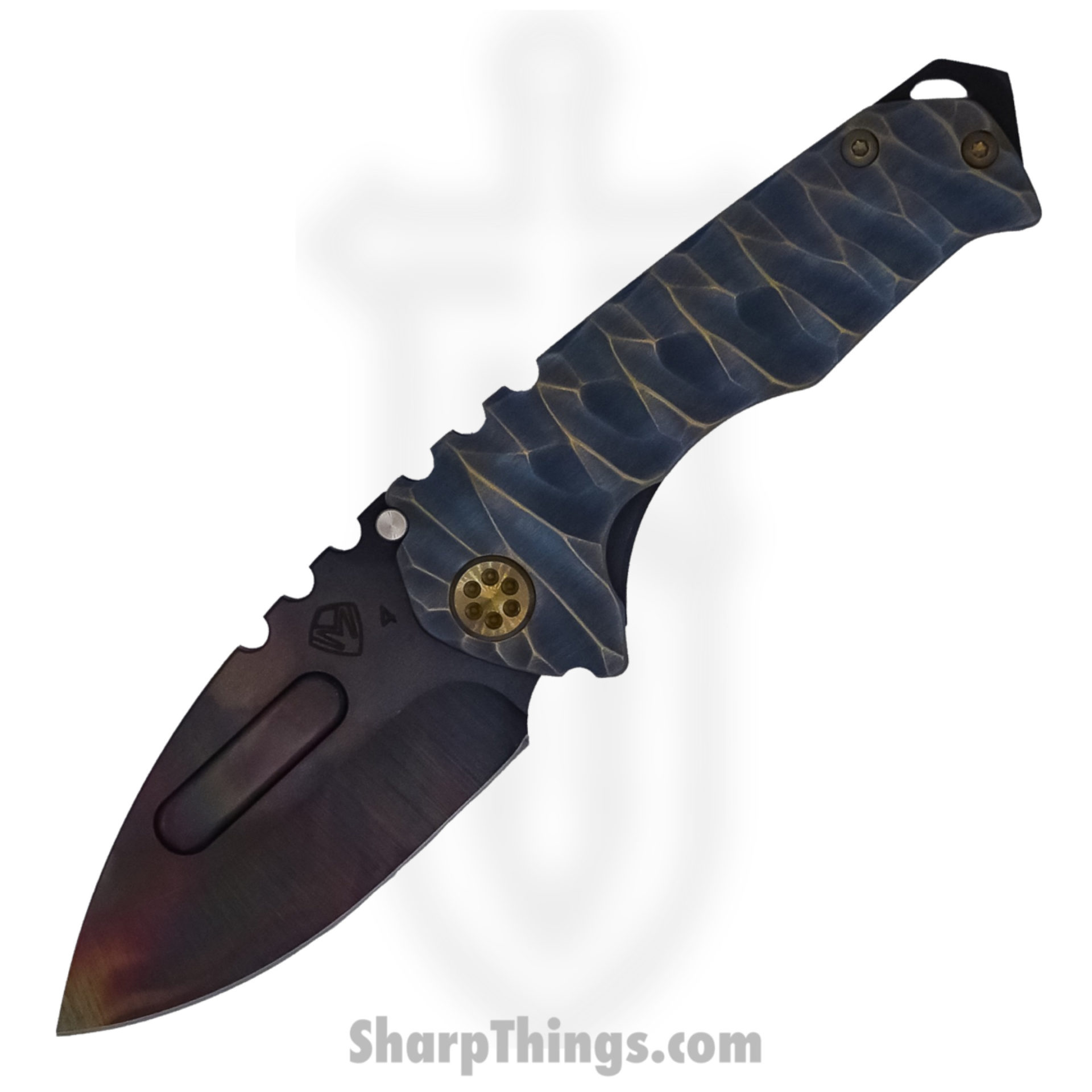 c168400d-3413-4b0f-a1e6-2ede1b6a35d5_MK024VD-36A1-T1C1-BP-1_1.jpg Medford Knife - MK024VD-36A1-T1C1-BP - Praetorian Genesis "T" Vulcan Drop Point Folder - S45VN - BB/Brass-Brz w/Aqua Predator - Image 1
