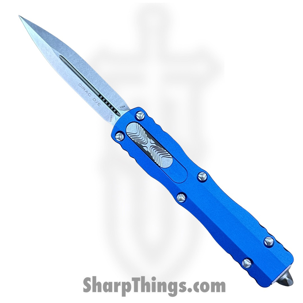 c1ccd49a-8a29-4375-b901-dae5b89b006d_225-10BL_1.jpg Microtech - 225-10BL - Dirac - OTF Auto - Elmax, M390, 204P Stonewash Dagger - 6061-T6 Aluminum - Blue - Image 1