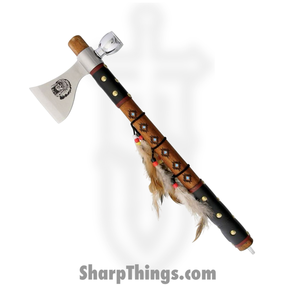 c24000ae-dc90-4f85-a026-707b10e0653c_F19602_1.jpg Frost Cutlery - F19602 - Tomahawk - Stainless Satin - Leather Wrapped Wood - Brown Black - Image 1