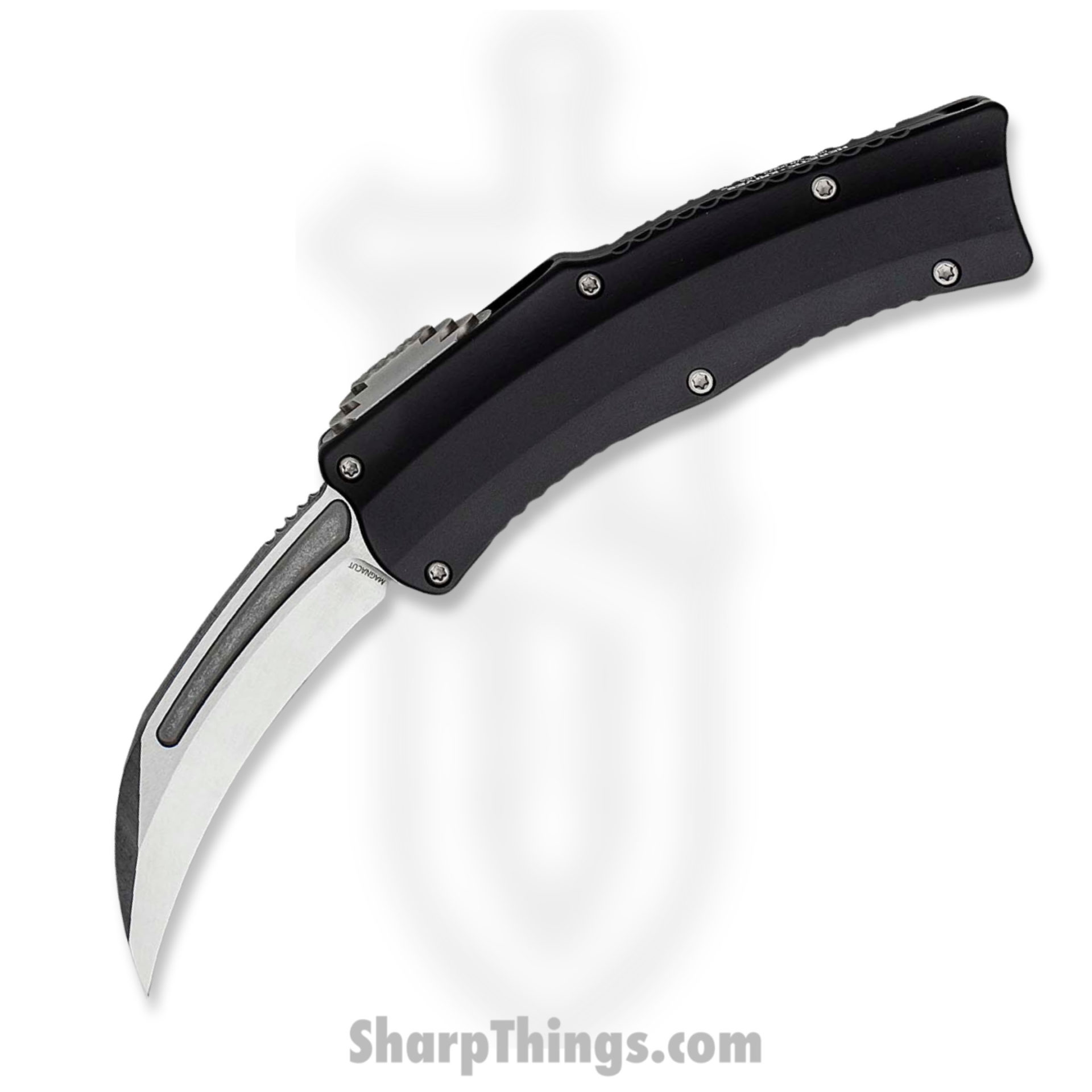 c2487504-c488-4520-9cf8-01aba45f077e_H060-2A_1.jpg Heretic Knives - H060-2A - Roc - OTF Auto - Magnacut Stonewash Hawkbill - 6061-T6 Aluminum - Black - Image 1