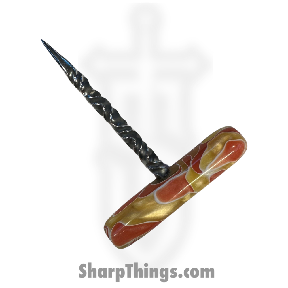 c25678eb-ae22-42a6-9ff2-2cadecfd6873_FHF-TS-A-ORYL_1.jpg Full Heart Forge - FHF-TS-A-ORYL - T Handle Spike - Fixed Blade Knife - 316 Stainless Satin Spike - Acryllic - Orange, yellow - Image 1