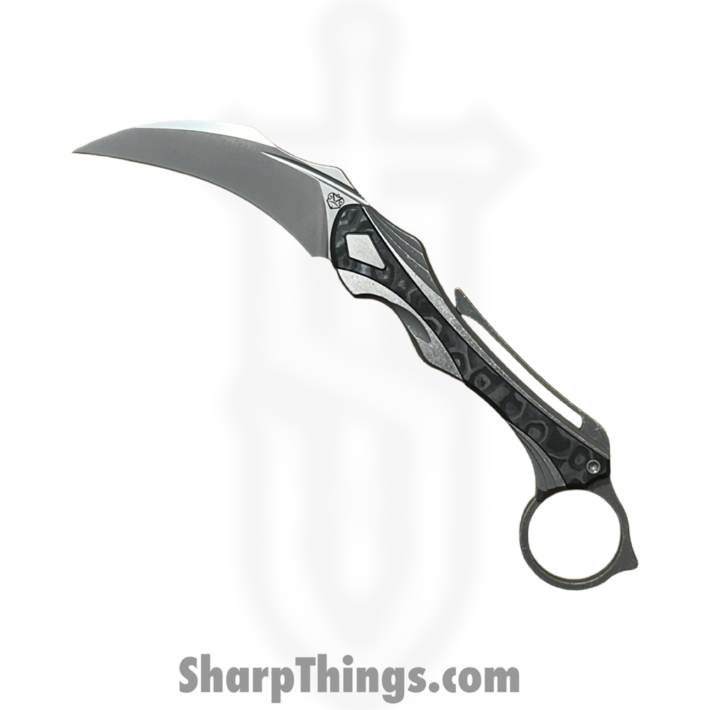 c2afa582-2029-465c-a2c0-7c0507f8840b_PBTD_1.jpg Poikilo Blade - PBTD - Thorny Devil - Folding Knife - Bohler M398 Dark Stonewash Hawksbill - Titanium Fat Carbon Fiber Inlays - Black - Image 1