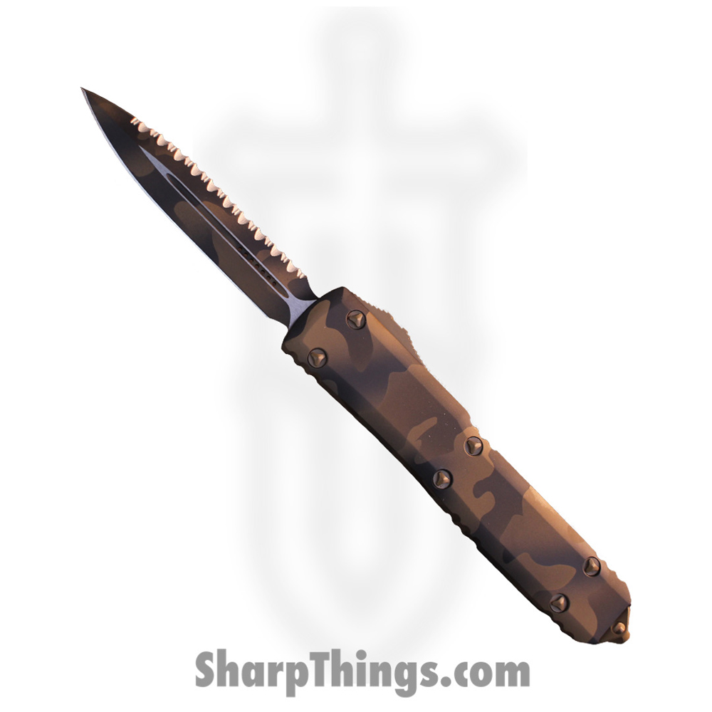 c379a1f7-fe2b-407b-b913-cb6435fab93e_122-3CCS_1.jpg Microtech - 122-3CCS - Ultratech - OTF Auto - Elmax, M390, 204P Coated Dagger - 6061-T6 Aluminum - Coyote Camo - Image 1