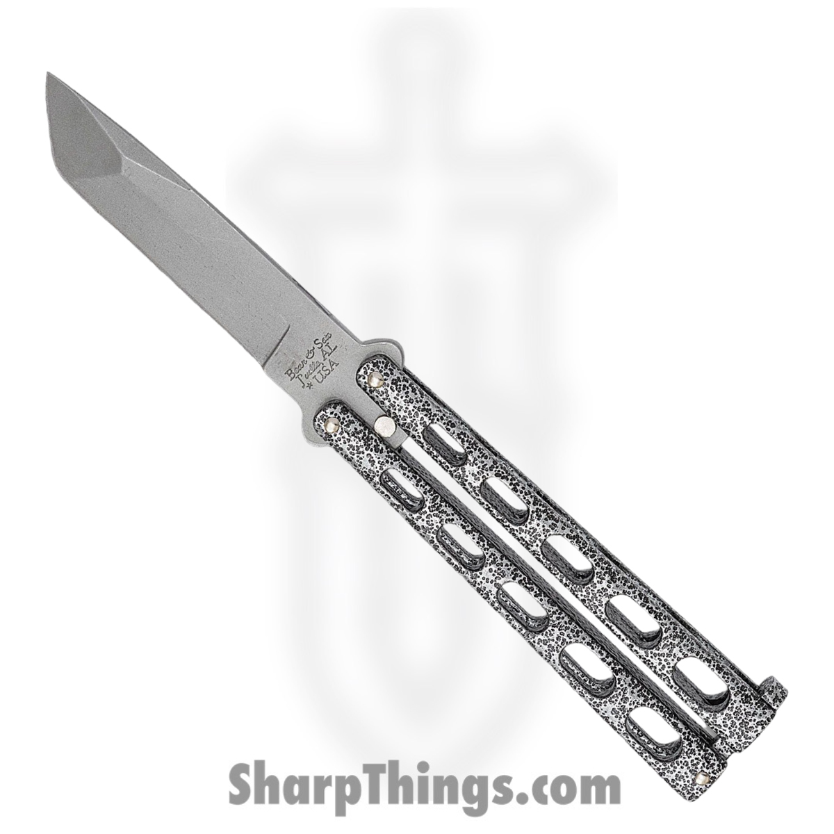 c6bd039b-6e57-43d4-a4cc-b790fe327008_BC114A_1.jpg Bear & Son - BC114A - Butterfly Silver Vein - Balisong - 440 SS Blasted Tanto - Die Cast Metal - Black Silver - Image 1
