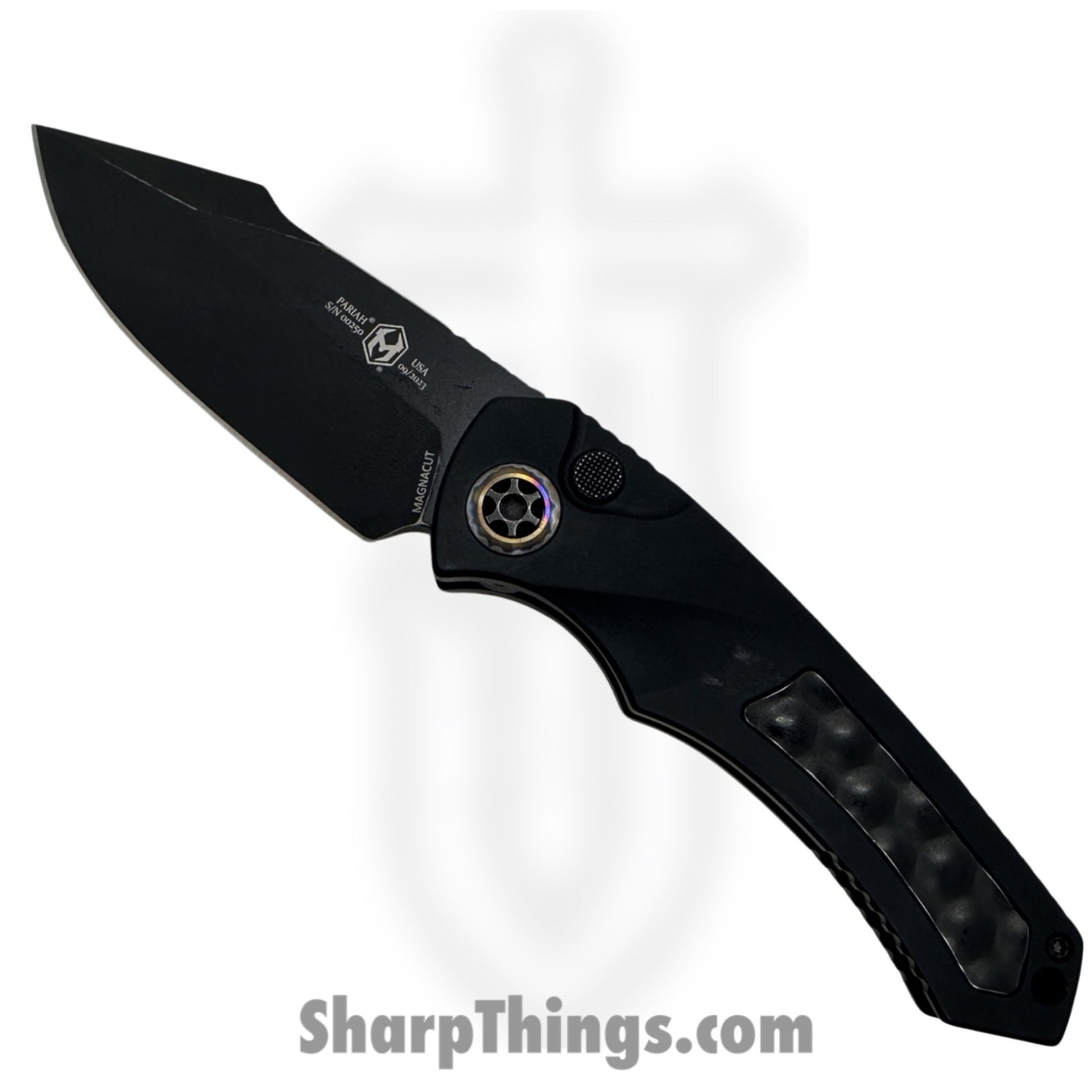 c748e551-4ad6-428e-ad08-10de079376c0_H048-8A_1.jpeg Heretic Knives - H048-8A - Pariah - Automatic Knife - CPM Magnacut Battleworn DLC Drop Point - Aluminum with Stainless Steel Bubble Inlay - Black - Image 1
