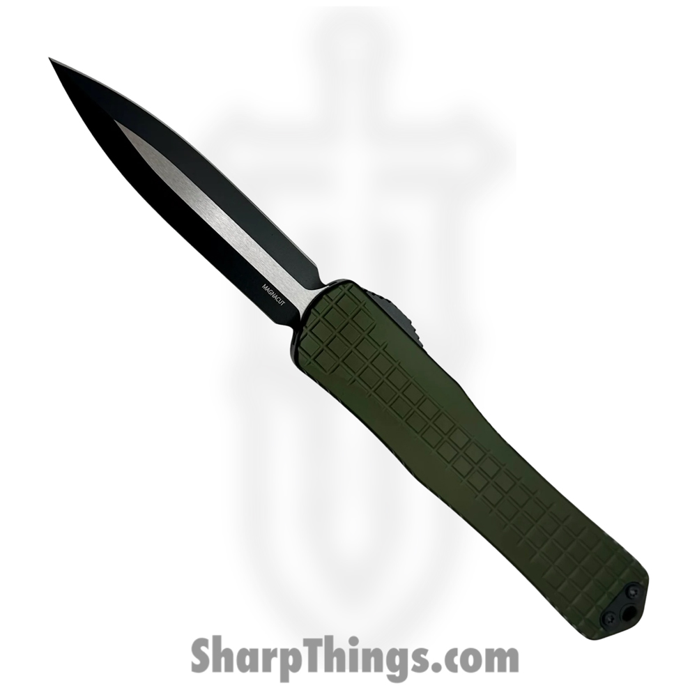 c8b3642c-ffe5-4b0b-9c70-c29206272927_H032F-10A-GRN_1.jpg Heretic Knives - H032F-10A-GRN - Manticore X - OTF Auto - Magnacut Two Tone Black Dagger - Frag Aluminum - Green - Image 1