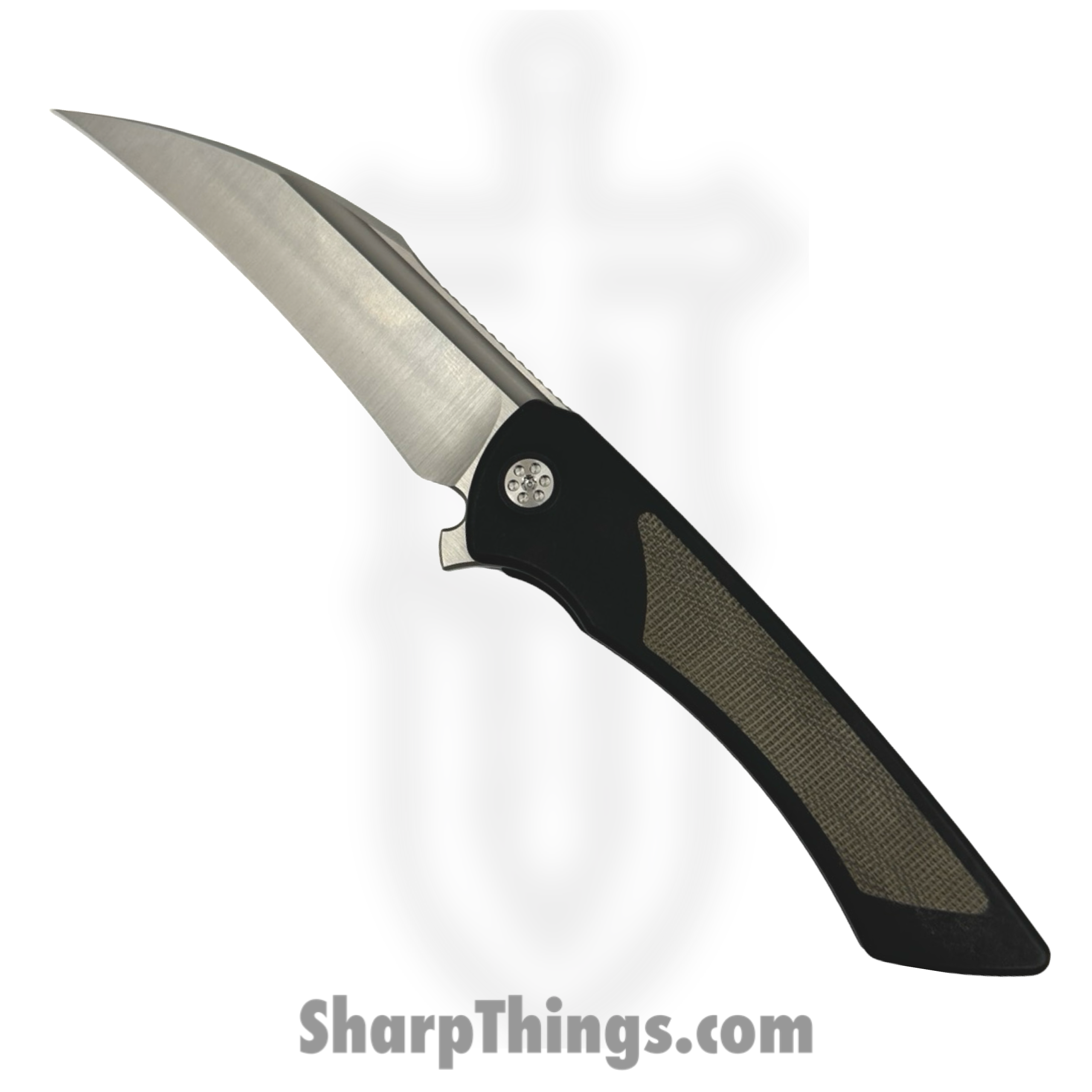 ca350f62-5606-4703-8715-da4a123a935f_DER-BK-OD_1-scaled-1.png SharpByDesign - DER-BK-OD - Derecho - Folding Knife - Belt Satin M390 Hawkbill - Black PVD Ti w Olive Micarta - Olive - Image 1