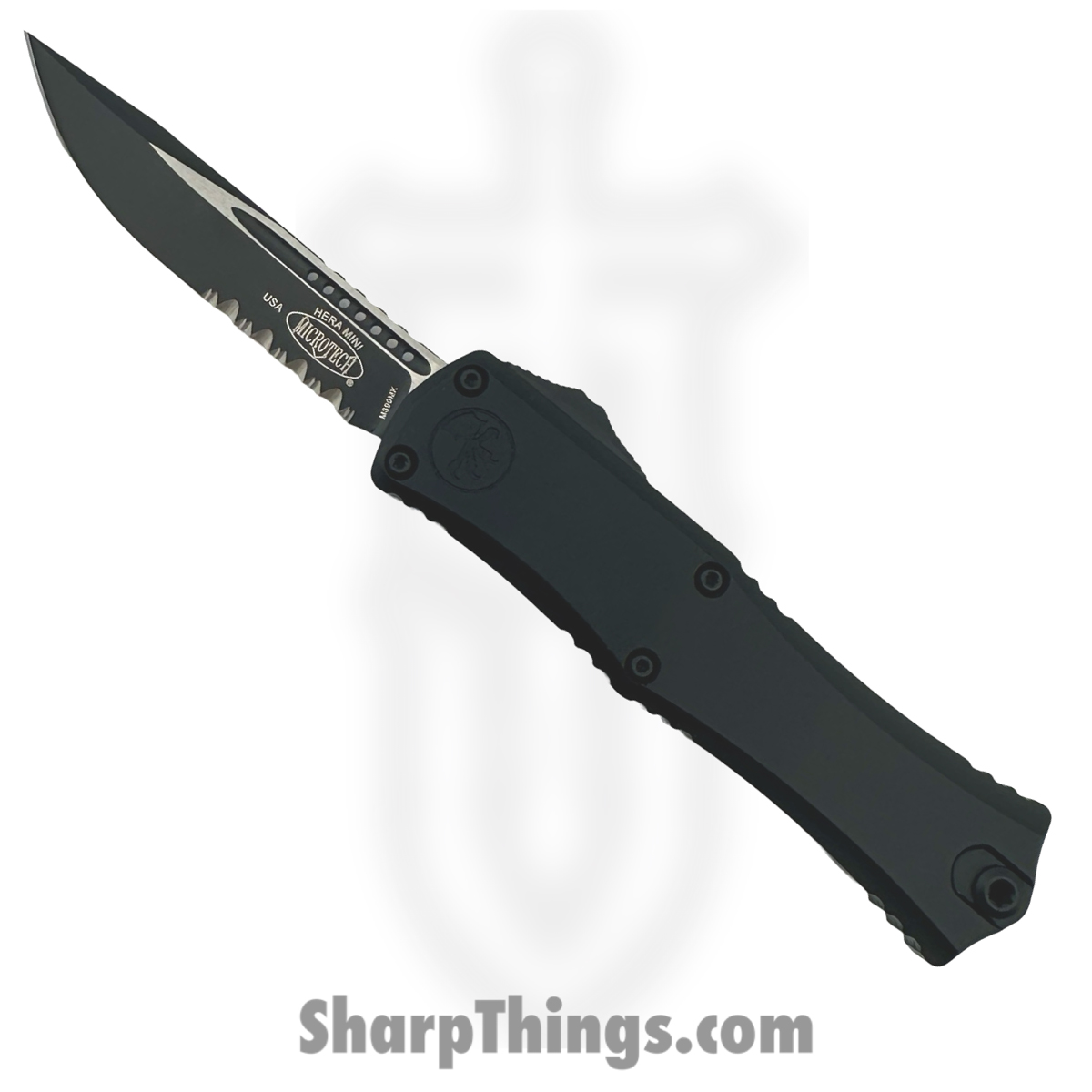 cdbe7319-7e4d-4302-ae8c-e3534832e137_1703M-2T_1.jpg Microtech - 1703M-2T - Hera II Mini - OTF Auto - M390MK Two Tone Partial Serrated Drop Point - 6061-T6 Aluminum -Black - Image 1