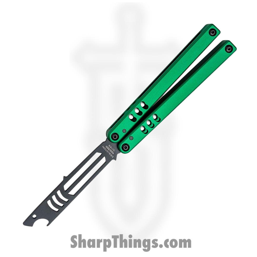 d16d2c9d-8291-4788-9d5e-ae19082baeb2_04TR04CK01GN_1.jpg Squid Industries - 04TR04CK01PU - Mako V4.5 Inked Bottle Opener Balisong Trainer - 304 Stainless 6061-T6 - Green and Black - Image 1
