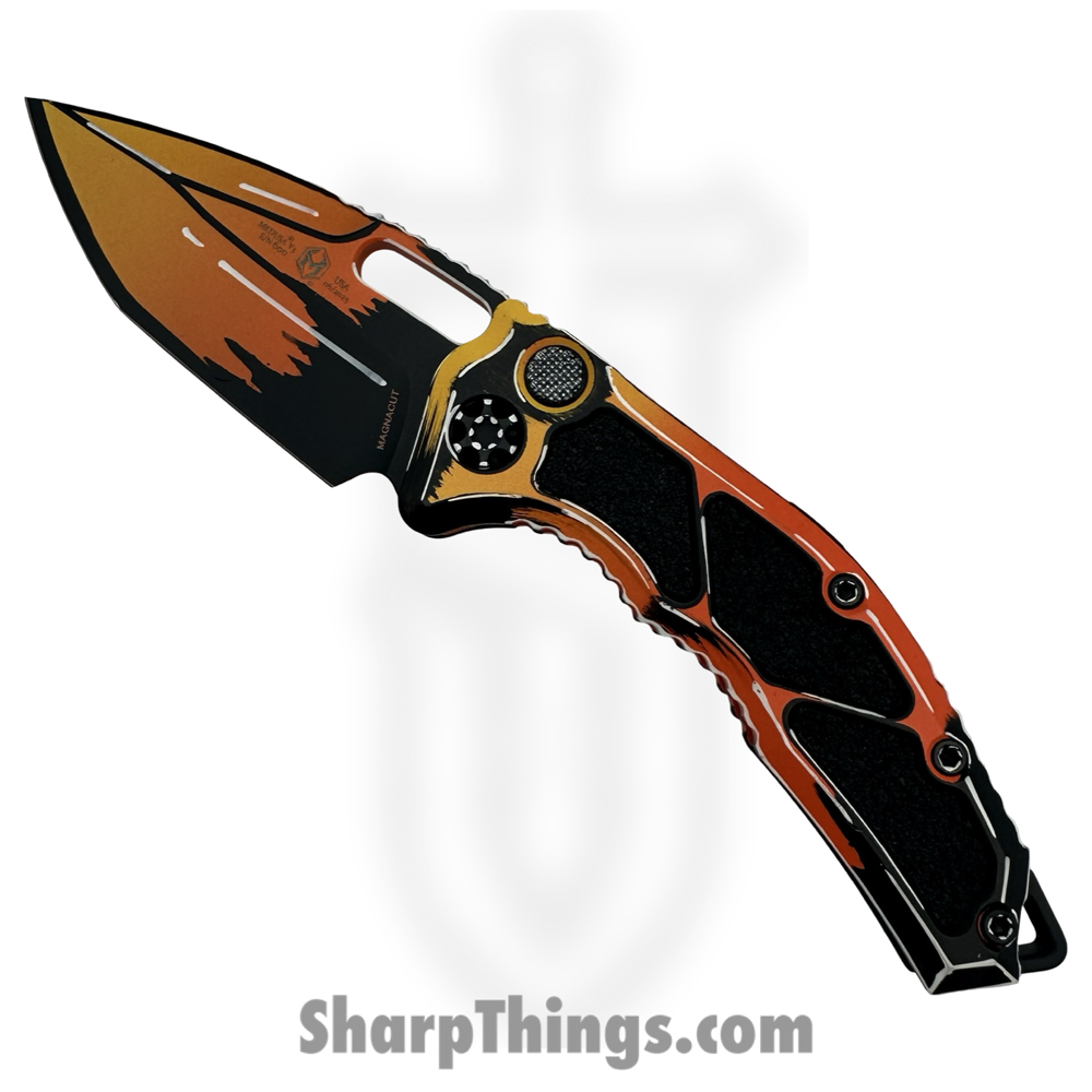 d2b32e45-6484-4532-9840-3fb40a5bd765_H011-CS-OG_1.jpg Heretic Knives - H011-CS-OG - Cel Shaded Medusa - Automatic Knife - CPM MagnaCut Coated Recurve - Aluminum - Orange - Image 1