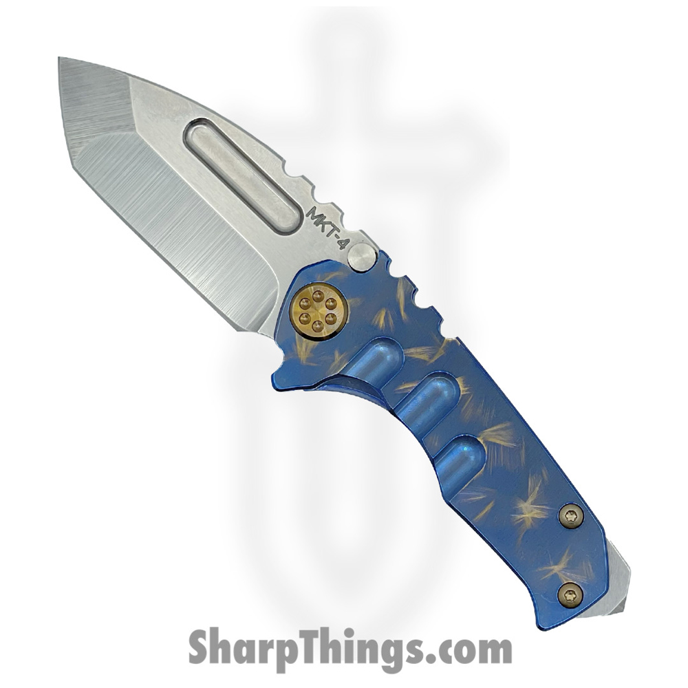 d5604456-03a9-4bdf-8e9b-740d947db6d7_MK0084TT-37A2-T1C1-BN_1.jpg Medford Knife - MK0084TT-37A2-T1C1-BN - Micro "T" - S45VN Tumbled Tanto Blade - Blue w/Bronze "Birds of Paradise" - Bronze HW - Image 1
