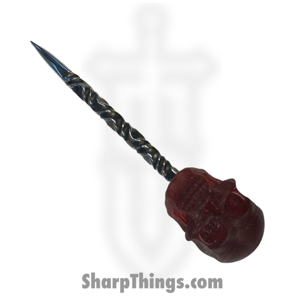 d6d0819a-8cca-434b-b099-77495a18181e_FHF-SKULL-TW_1.jpg Full Heart Forge - FHF-SKULL-TW - Skull Spike twist - Fixed Blade Knife - 316 Stainless Satin Spike - Resin - Red - Image 1