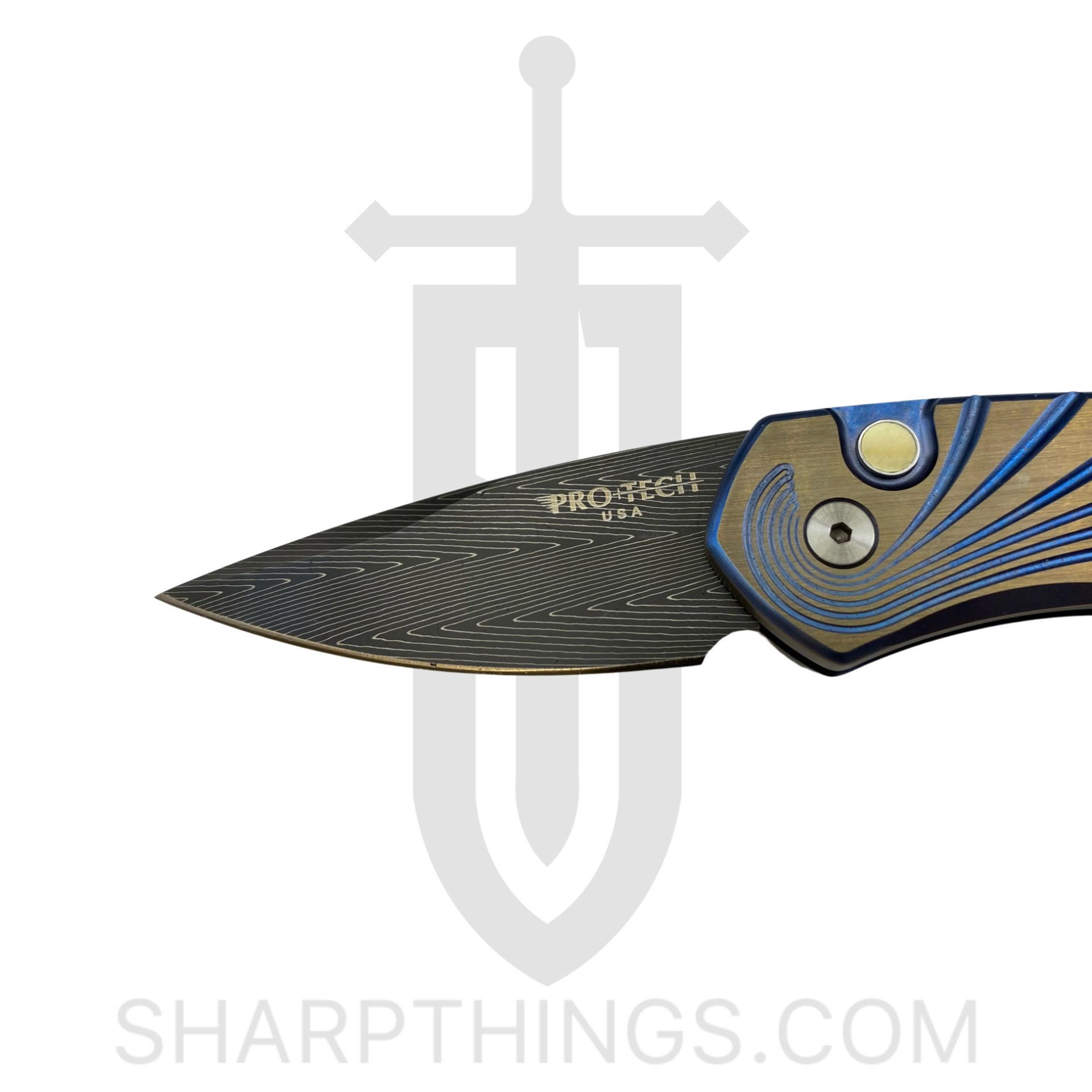 d894e4aa-00d7-42e9-9b09-d3a9bde2323b_2951-H_1.jpg ProTech - 2951-H - Sprint Titanium Custom - Automatic Knife - Damascus Acid Etch Spear Point - Titanium - Gold/Blue - Image 1