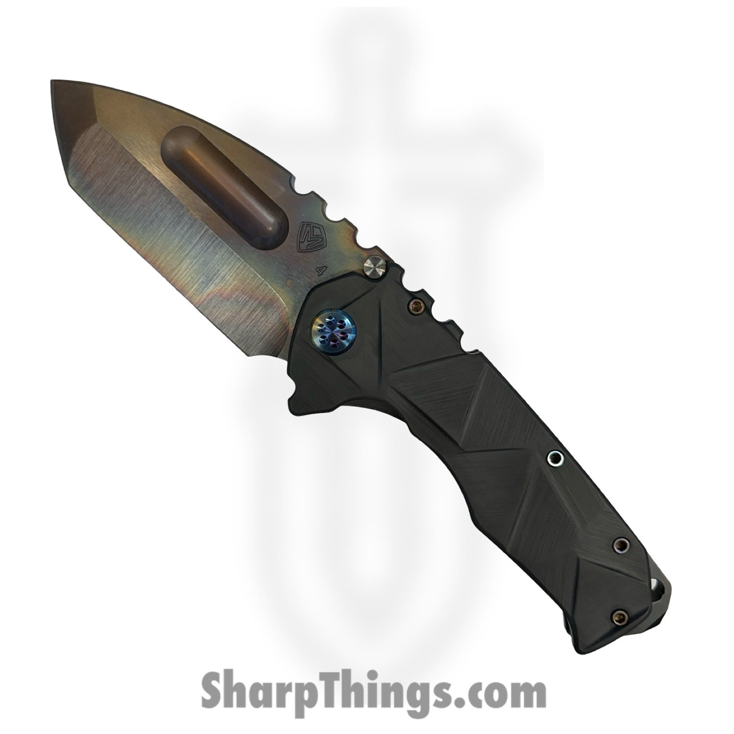 d90f0567-b17a-49b7-9807-0132c7555f99_121724B_1.jpg Medford Knife and Tool - 121724B - Prae Ti - Folding Knife - S45VN Vulcan Tanto - "Stained Glass" Titanium - Black - Image 1