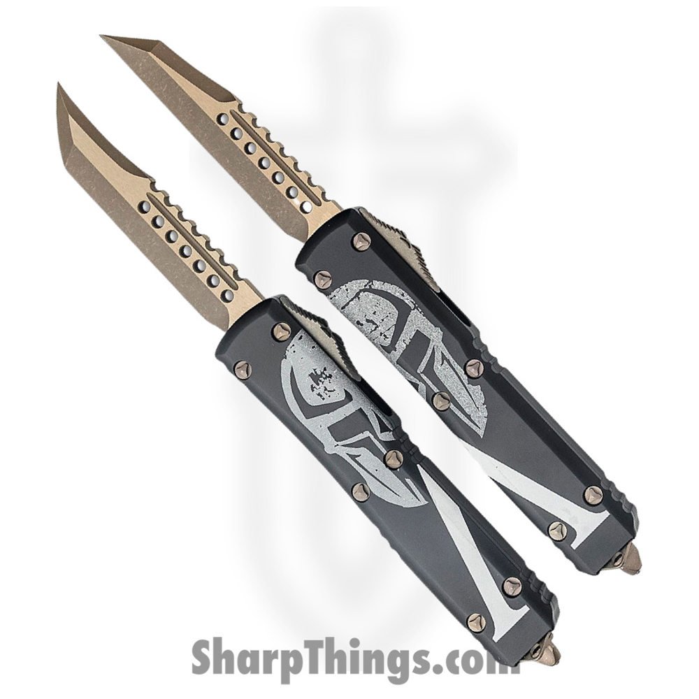 d9994d75-dabb-4396-9a09-73b21afe49e5_119-13SETMLS_1.jpg Microtech - 119-13SETMLS - Ultratech Hellhound/Warhound Molon Labe Set - OTF Auto - Elmax Bronze Apocalyptic - 6061-T6 Aluminum - Black/White - Image 1