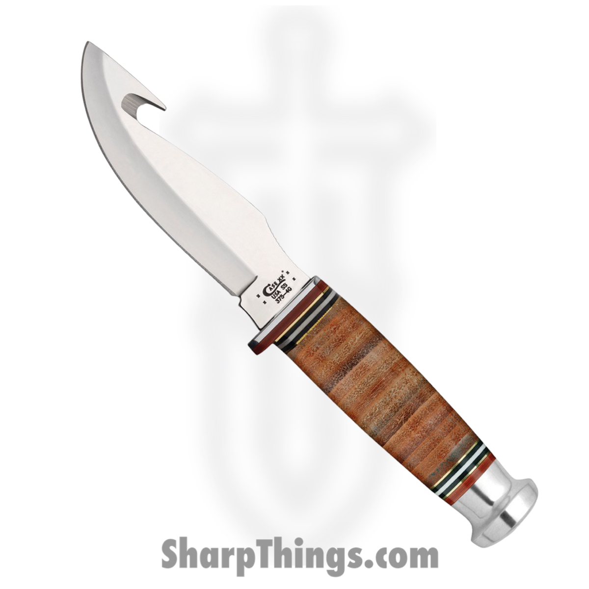 da0fe704-1bfa-47ef-bb42-7f05b4b3f9a1_CA10340_1.jpg Case Cutlery - CA10340 - Mushroom Cap Hunter - Fixed Blade Knife - Tru-Sharp Stainless Polished Guthook - Stacked Leather - Brown - Image 1