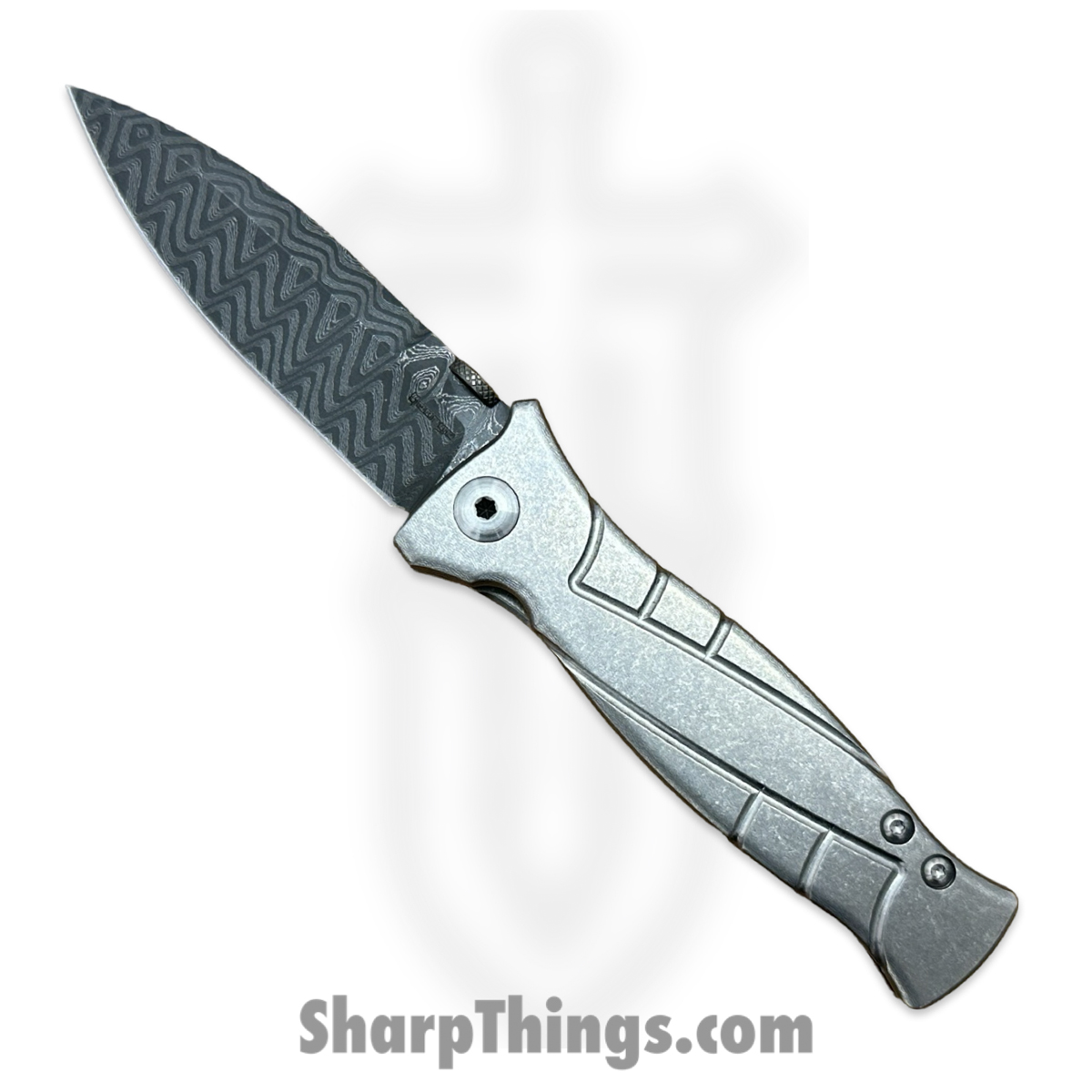 daf82f69-16f7-44eb-96e8-e0b20e8f63eb_LG_MK3_D_SWP_1.jpg Les George - LG_MK3_D_SWP - MK3 - Folding Knife - Sweep Stonewash Ti - Damascus Spear Point - Gray - Image 1