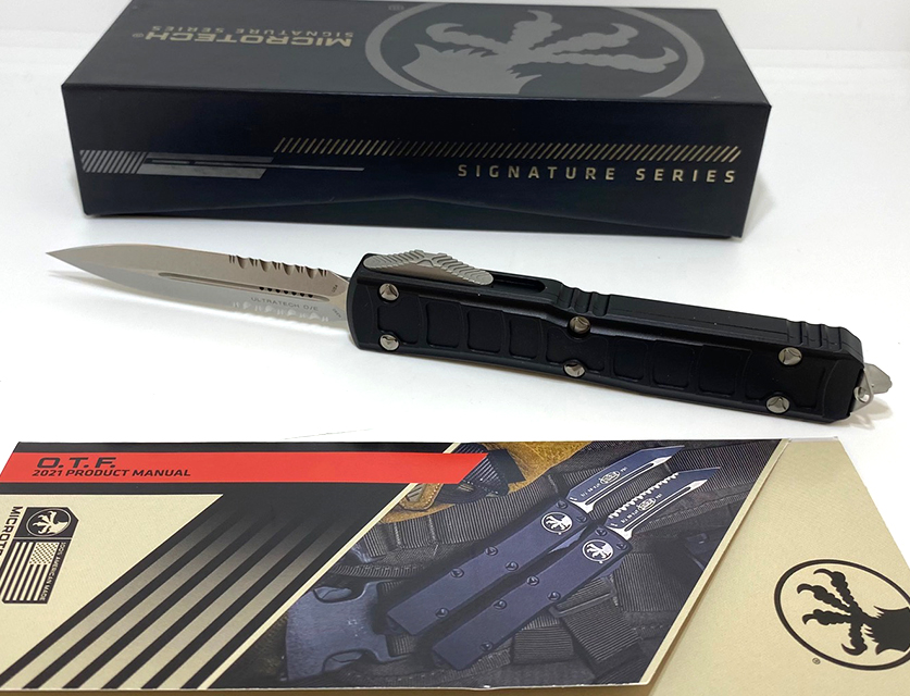 db53979c-53fe-4968-b92e-989617bb80be_122II-11S_1.jpg Microtech - 122II-11S - Ultratech II - OTF Auto - Elmax, M390, 204P Stonewash Dagger - 6061-T6 Aluminum - Black - Image 1