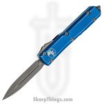 Microtech - 122-10DBL - Ultratech - OTF Auto - Elmax, M390, 204P Stonewash Dagger - 6061-T6 Aluminum - Distressed Blue