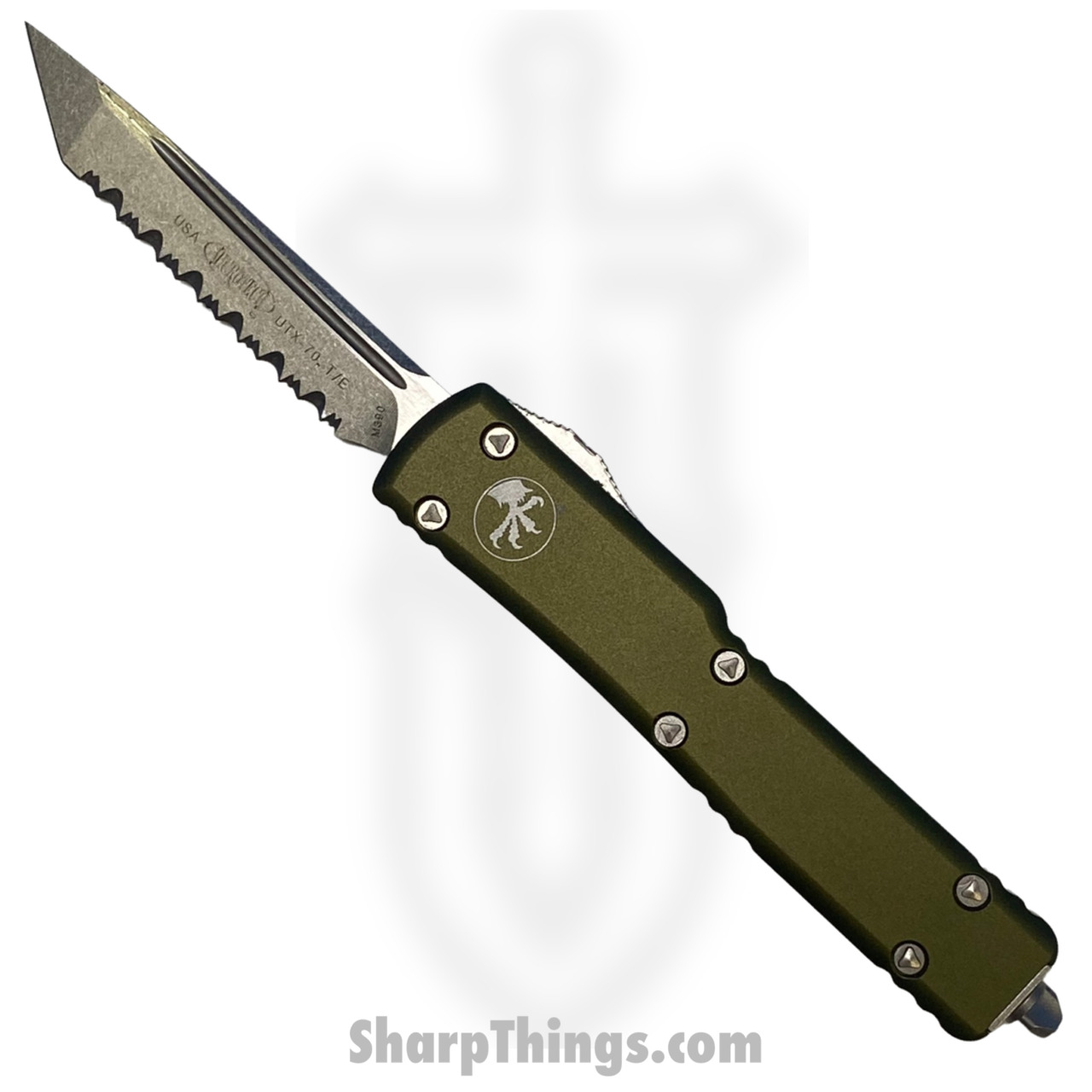 dc156270-7698-46dc-b67b-158637eb2286_149-12OD_1.jpg Microtech - 149-12OD - UTX-70 - OTF Auto - Elmax, M390, 204P Stonewash Tanto - 6061-T6 Aluminum - OD Green - Image 1