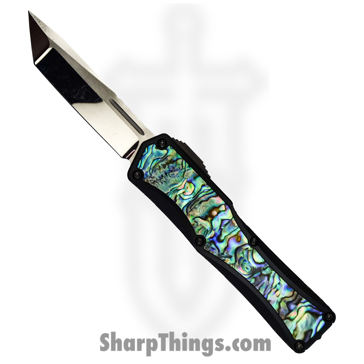 dc34a1b6-2c06-4ebb-8128-3edce1e04ae7_BS2022Col4_1.jpg Heretic Knives - BS2022Col4 - Custom Colossus - OTF Auto - HG Elmax Cracked Ice Tanto - Aluminum with Abalone Inlay - Black - Image 1