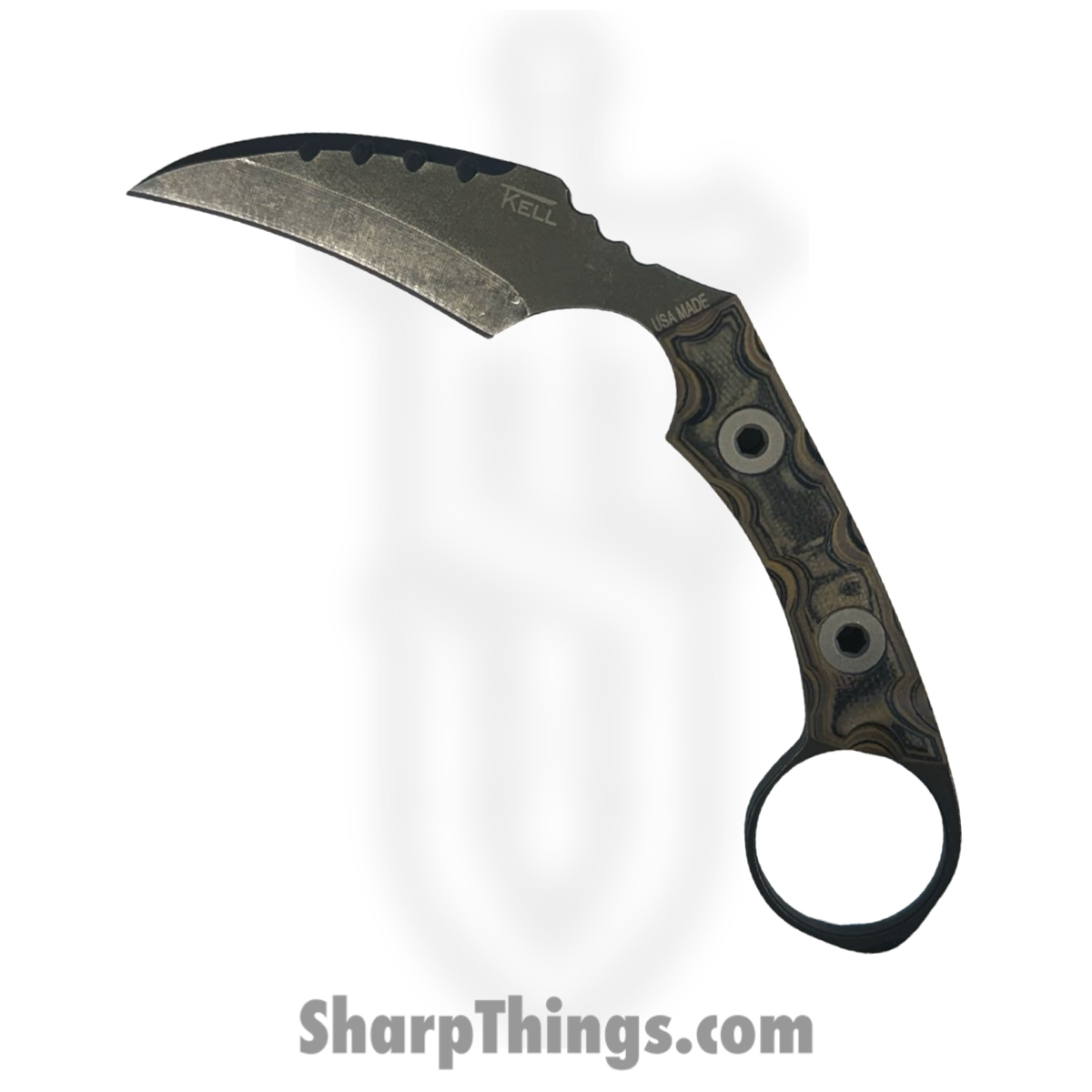 dcadeb16-b8c1-4fc9-bd2f-e2b45da30216_FLNRnWoodgrn_1.jpg T.Kell Knives - FLNRnWoodgrn - FLN Integral Ring Black Recon - Fixed Blade Knife - 80crv2 Coated Hawkbill - G10 - Woodgrain - Image 1