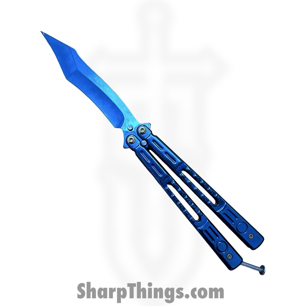 e00a1a4b-bac5-48d9-b8f2-1ad4ed8dd57b_BK183_1.jpg VOC - BK183 - Butterfly Knife - Balisong - 440 SS Satin Recureve Tanto - Aluminum - Blue - Image 1