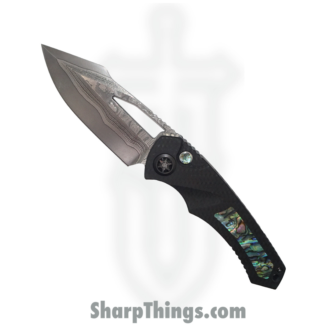 e06dd6f7-2471-4c66-be86-2ebd6f439c73_ParManVFWGAI_1.jpg Heretic Knives - ParManVFWGAI - Pariah - Folding Knife - Vegas Forge San Mai Damascus Harpoon - Carbon Fiber/Abalone inlay - Black - Image 1