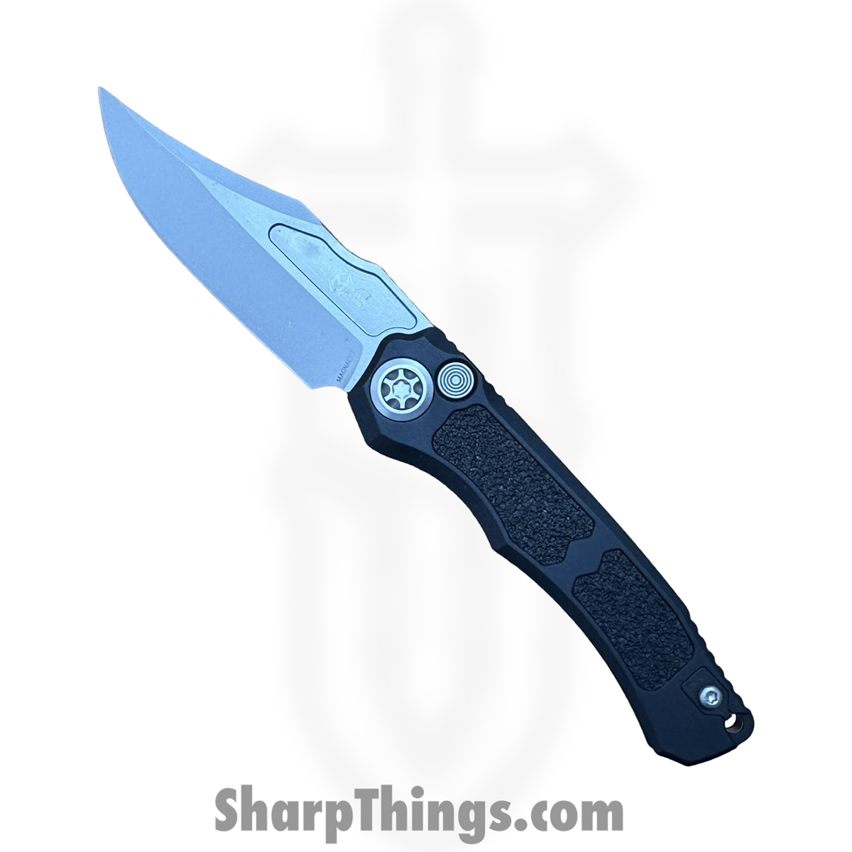 e200b1ef-788b-4d2f-9206-ee67d6afb76e_H002-3A_1.jpg Heretic Knives - H002-3A - Wraith V4 - Automatic Knife - CPM MagnaCut Blasted Bowie - Aluminum with Traction Inlay - Black - Image 1