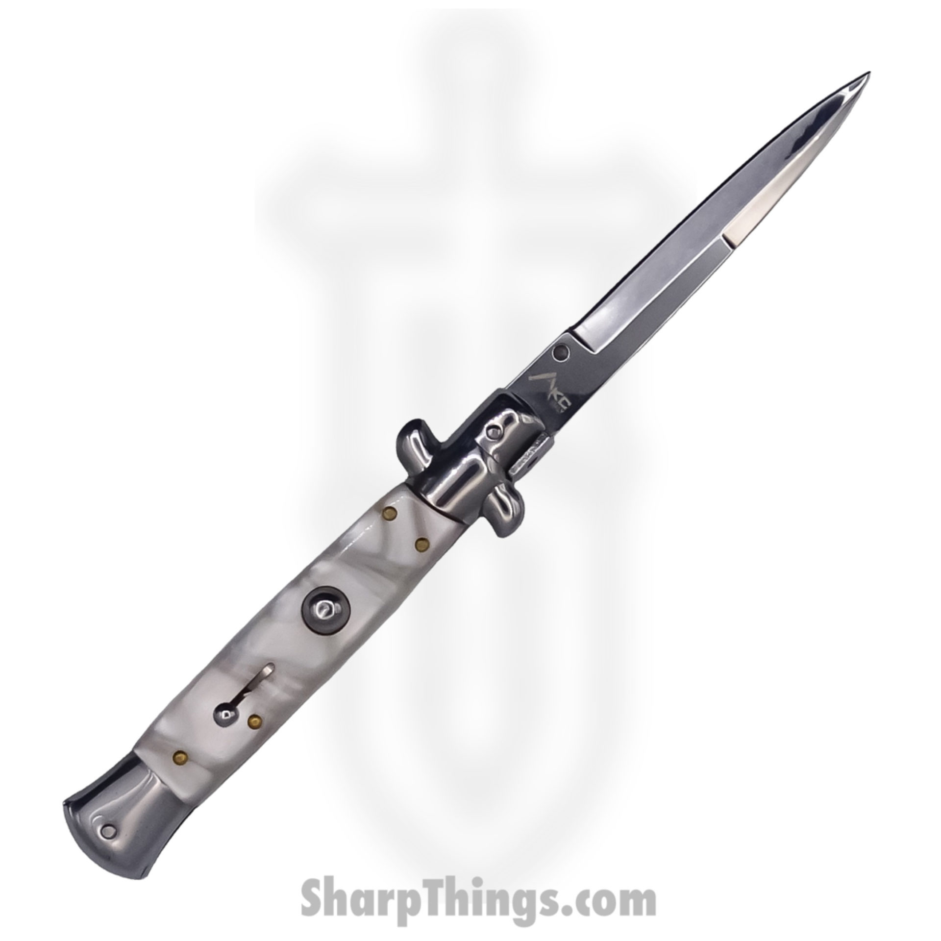 e21885fc-8852-447f-8f58-9c31a70bb164_SBBOL9MP_1.jpg Steel River Knives - SBBOL9MP - Arrivato 9in Stiletto - Bolster Release Auto - 440 Bayonet - MOP - Image 1