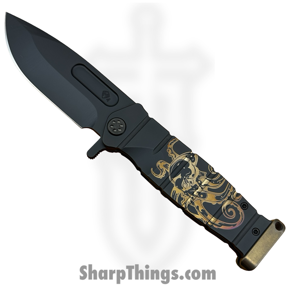 e2ffa9e6-5529-42c8-835e-83f46d44a1d5_091924E_1.jpg Medford Knife and Tool - 091924E - USMC FF - Folding Knife - S45VN Coated Drop Point - Titanium "Steampunk Octopus" - Black Bronze - Image 1