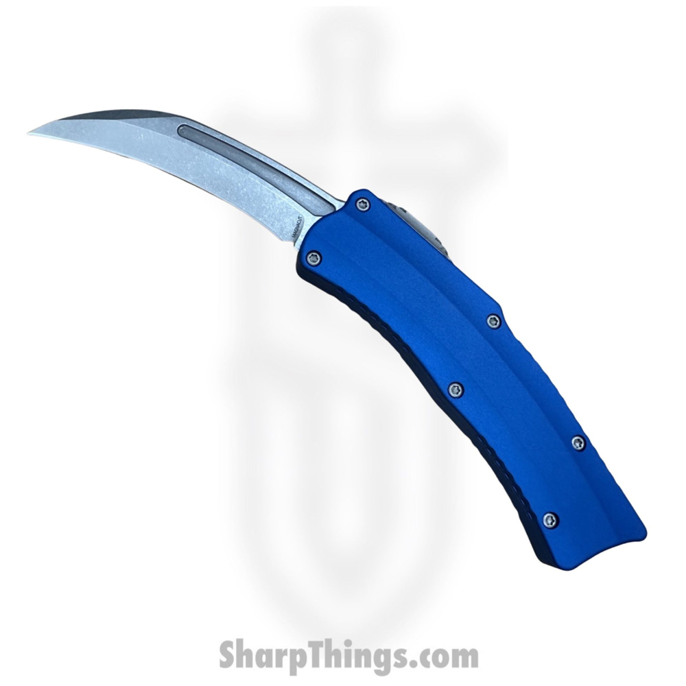 e372954a-76c7-4980-8d5b-54fda9f67c07_H060-2A-BLU_1.jpg Heretic Knives - H060-2A-BLU - Roc - OTF Auto - Magnacut Stonewash Hawkbill - 6061-T6 Aluminum - Blue - Image 1