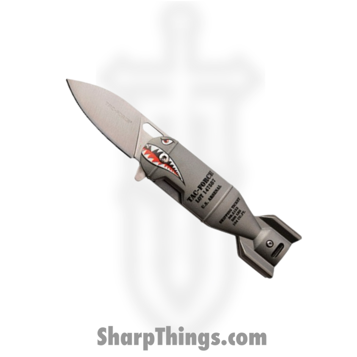 e5caeb3a-4fc9-4a32-bd86-579f81d546d9_tf1039pop-gy_1.jpg Tac Force - TF1039POP-GY - WWII Shark Bomb Shaped - Assisted Open Knife - 3Cr13 Black Stonewash - Aluminum - Gray - Image 1