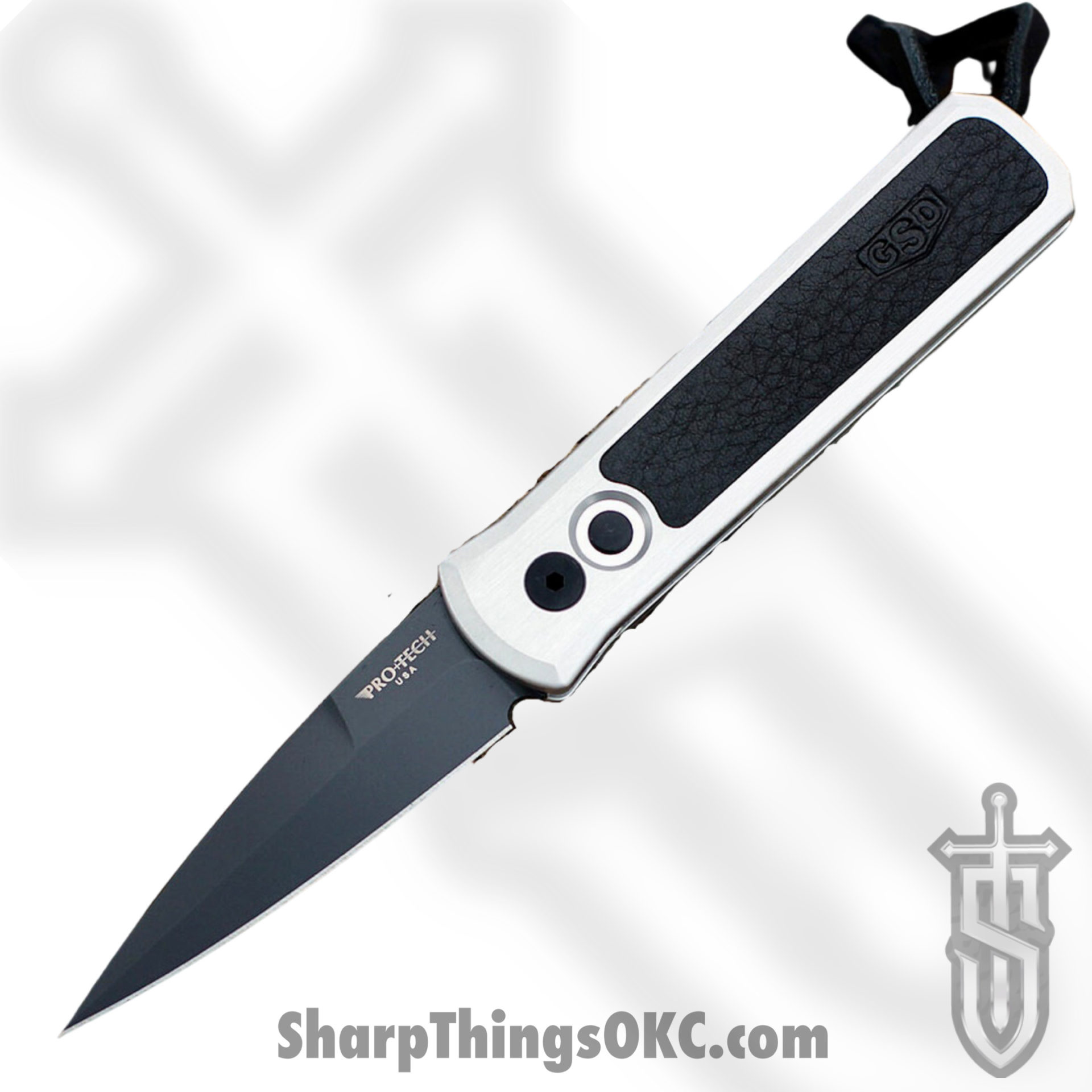 e616a409-d54a-477f-b701-2e486d0664c6_7GSD-2_1.jpg ProTech - 7GSD-2 - Godson - Automatic Knife - 154CM Black Spear Point - 6061-T6 Aluminum Leather Inlay - Silver Black - Image 1
